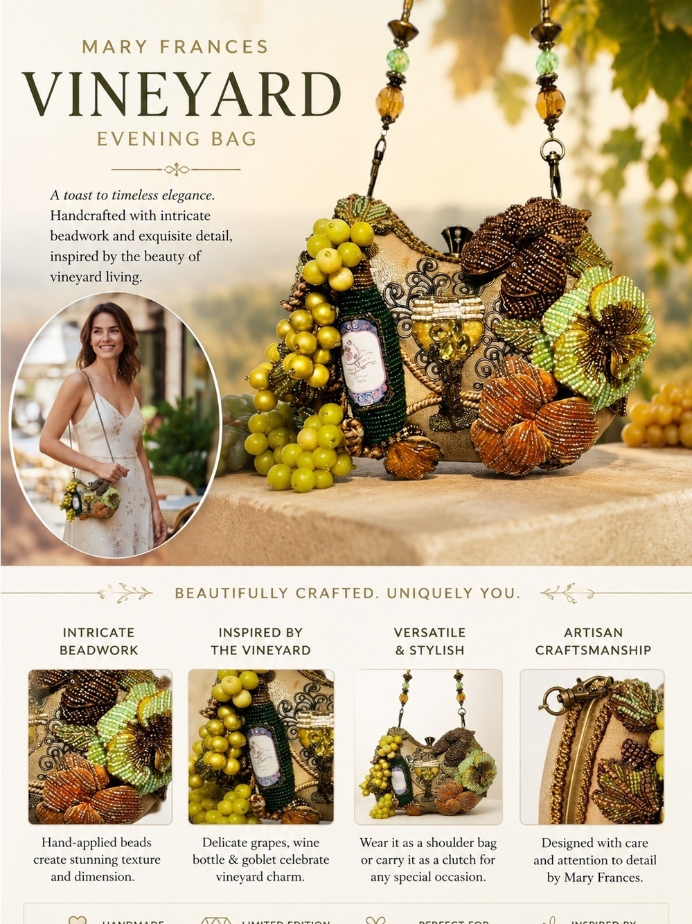 Mary Frances “Vineyard Soirée” Wine & Grapes Beaded Wearable Art Evening Bag